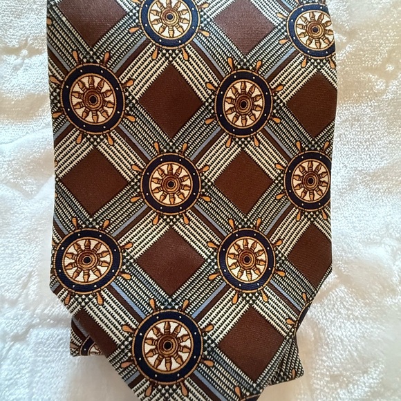 Longchamp Paris Silk Tie – Nautical Wheel Print in Brown & Gold - Picture 5 of 8